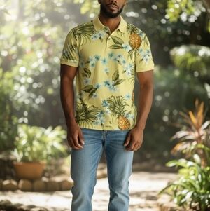 Tommy Bahama Yellow Polo Shirt Tropical Pineapple Floral Print Hawaiian Golf L